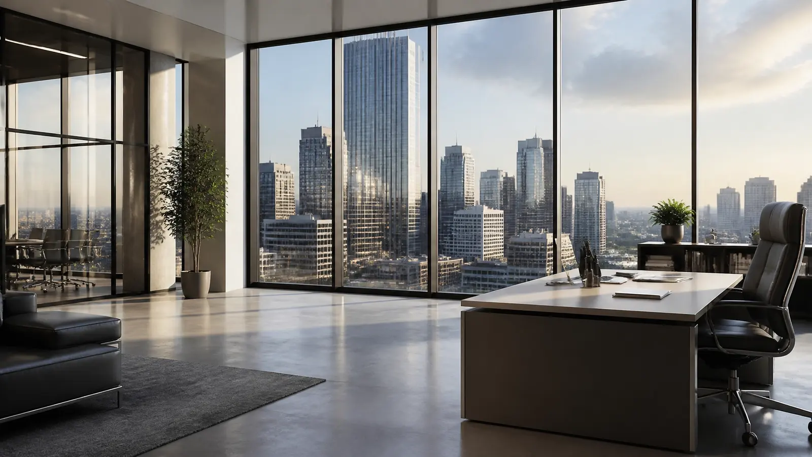 Oficina iluminada por el sol con vistas a un horizonte urbano moderno